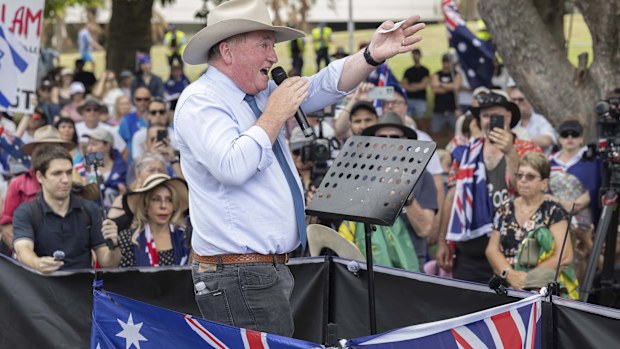 One Nation's Barnaby Joyce speaks at a Put Australia First rally at Prince Alfred Park in Surry Hills.