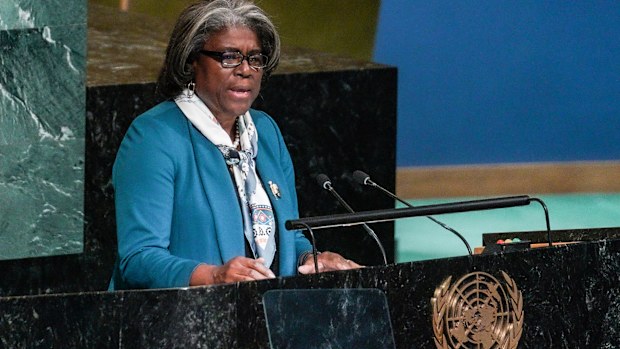 United Nations Ambassador from United States, Linda Thomas-Greenfield, address the UN General Assembly, before it voted on a resolution condemning Russia's illegal referendum in Ukraine.