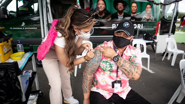 Francis Kumu, gets a COVID-19 vaccination  in Auckland, New Zealand. 