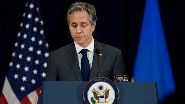 Secretary of State Antony Blinken pauses speaks during a news conference with Ukraine's Foreign Minister Dmytro Kuleba at the State Department in Washington, DC.