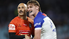 SYDNEY, AUSTRALIA - MAY 22: Jacob Preston of the Bulldogs is helped by a trainer during the round 12 NRL match between Canterbury Bulldogs and Melbourne Storm at Accor Stadium, on May 22, 2026, in Sydney, Australia. (Photo by Darrian Traynor/Getty Images)