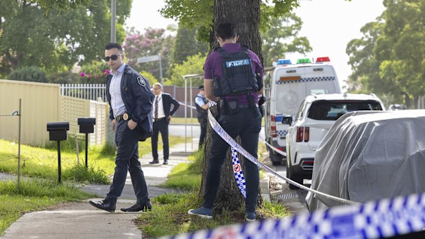 Police at a property in Bonnyrigg this morning, believed to be where the alleged Bondi Beach shooting gunmen lived.