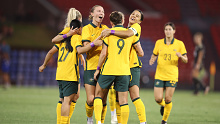 NEWCASTLE, AUSTRALIA - FEBRUARY 22:  Caitlin Foord of the Matildas celebrates a goal with teammates during the Cup of Nations match between the Australia Matildas and Jamaica at McDonald Jones Stadium on February 22, 2023 in Newcastle, Australia. (Photo by Scott Gardiner/Getty Images)