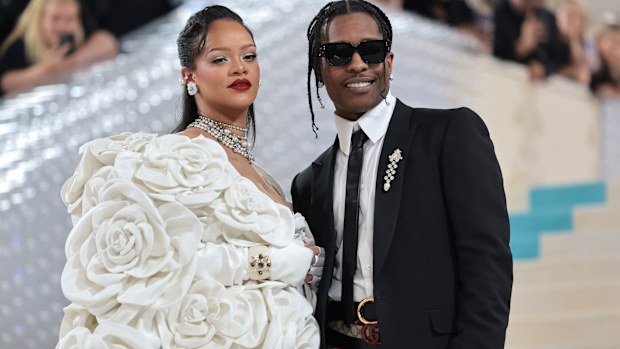 Rihanna and A$AP Rocky at the  2023 Met Gala celebrating "Karl Lagerfeld: A Line Of Beauty" at The Metropolitan Museum of Art on May 1, 2023 in New York City.