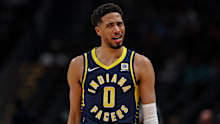 WASHINGTON, DC - MARCH 27: Tyrese Haliburton #0 of the Indiana Pacers reacts to a play against the Washington Wizards during the first half at Capital One Arena on March 27, 2025 in Washington, DC. NOTE TO USER: User expressly acknowledges and agrees that, by downloading and or using this photograph, User is consenting to the terms and conditions of the Getty Images License Agreement. (Photo by Scott Taetsch/Getty Images)