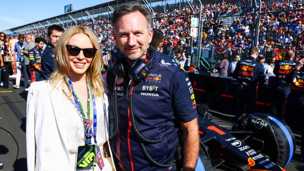 Kylie Minogue and Christian Horner during the F1 Grand Prix of Australia at Melbourne Grand Prix Circuit on April 02, 2023 in Melbourne 