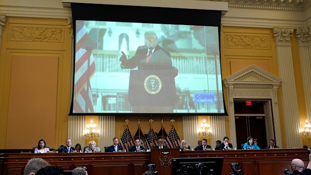 A video of former President Donald Trump speaking during a rally, as the House select committee investigating the Jan. 6, 2021, attack on the Capitol holds a hearing at the Capitol in Washington, Thursday, June 16, 2022.  The traumas of Watergate and Jan. 6 are a half century apart, in vastly different eras, and they were about different things. But in both episodes, a president tried to do an end run around democracy. Friday is the 50th anniversary of the Watergate break-in that eventually cons
