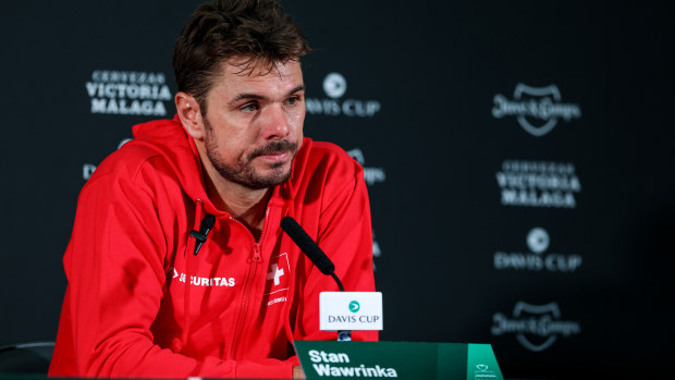 Stan Wawrinka of team Switzerland speaks to the media after his doubles match at the Davis Cup.