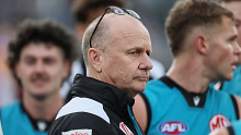 Port Adelaide coach, Ken Hinkley, during his side's loss to Brisbane.