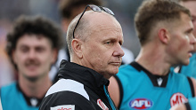 Port Adelaide coach, Ken Hinkley, during his side's loss to Brisbane.