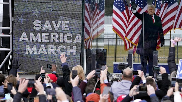 President Donald Trump arrives to speak at a rally in Washington on Jan. 6, 2021. On Monday, Jan. 10, 2022, attorneys for former President Trump and his associates argued in court that incendiary statements by Trump and others last Jan. 6 prior to the Capitol riot were protected speech and in line with their official duties. 