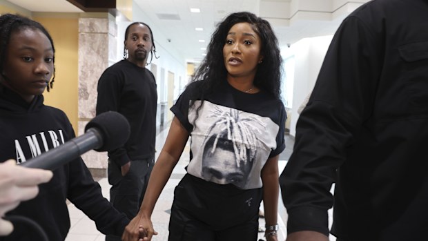 Cleopatra Bernard, mother of slain rapper XXXTentacion, leaves the courtroom after the 3 men who killed her son were found guilty of first-degree murder, at the Broward County Courthouse in Fort Lauderdale on Monday, March 20, 2023. XXXTentacion, born Jahseh Onfroy, 20, was killed during a robbery outside of Riva Motorsports in Deerfield Beach in 2018. (Carline Jean/South Florida Sun-Sentinel via AP, Pool)