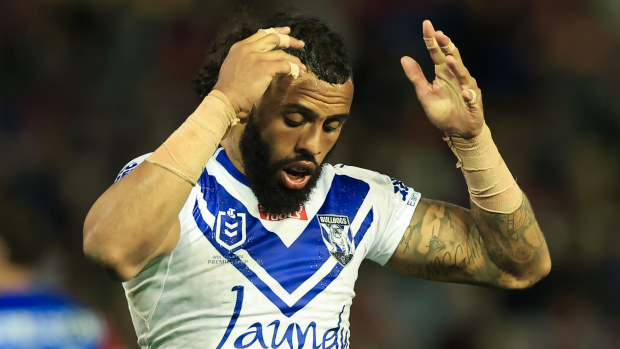 A dejected Josh Addo-Carr of the Bulldogs during the round 24 NRL match between Newcastle Knights and Canterbury Bulldogs at McDonald Jones Stadium on August 13, 2023 in Newcastle, Australia. (Photo by Jenny Evans/Getty Images)