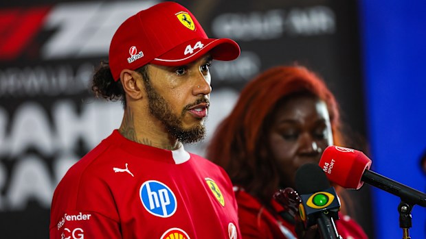 Lewis Hamilton of Great Britain and Ferrari answers questions in the media pen during the F1 Grand Prix of Bahrain at Bahrain International Circuit on April 13, 2025 in Bahrain, Bahrain. (Photo by Kym Illman/Getty Images)
