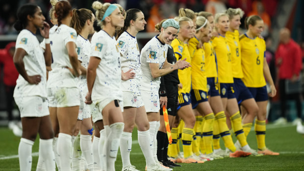 Megan Rapinoe of USA and OL Reign before the penalty shootout during the FIFA Women's World Cup Australia & New Zealand 2023 Round of 16 match between Winner Group G and Runner Up Group E at Melbourne Rectangular Stadium on August 6, 2023 in Melbourne, Australia. (Photo by Jose Breton/Pics Action/NurPhoto via Getty Images)