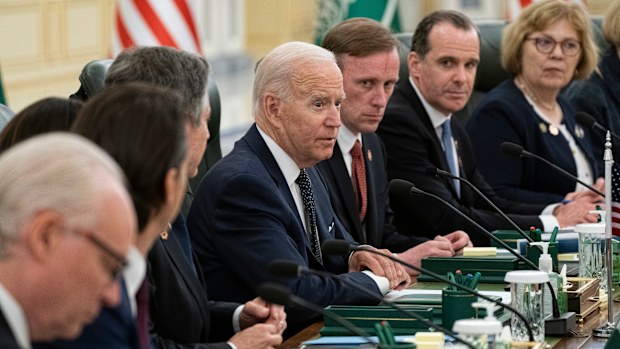 President Joe Biden participates in a working session with Saudi Crown Prince Mohammed bin Salman at the Al Salman Royal Palace, Friday, July 15, 2022, in Jeddah. (AP Photo/Evan Vucci)