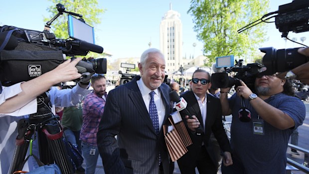 Attorney Mark Geragos arrives for a hearing regarding the case of Erik and Lyle Menendez Friday, April 11, 2025, in Los Angeles. (AP Photo/Damian Dovarganes)