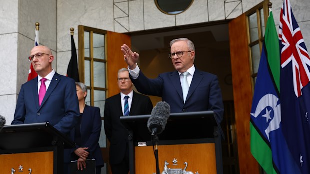 Prime Minister Anthony Albanese and ASIO Director General Mike Burgess at a press conference at Parliament House in Canberra on Tuesday 26 August 2025.