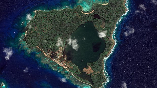 This satellite image provided by Maxar Technologies shows an overview of Nomuka in the Tonga island group before the volcanic eruption. 