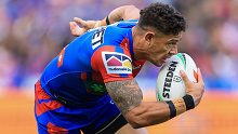 NEWCASTLE, AUSTRALIA - AUGUST 13: Dane Gagai of the Knights runs with the ball during the round 24 NRL match between Newcastle Knights and Canterbury Bulldogs at McDonald Jones Stadium on August 13, 2023 in Newcastle, Australia. (Photo by Jenny Evans/Getty Images)