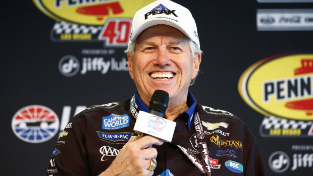 NHRA legend John Force speaks with members of the media before the Pennzoil 400 presented by Jiffy Lube NASCAR Cup Series race on March 3, 2024, at Las Vegas Motor Speedway in Las Vegas, NV. (Photo by Jeff Speer/LVMS/Icon Sportswire via Getty Images)