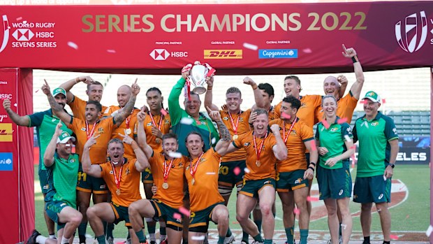 Australia pose with the trophy at Dignity Health Sports Park in Carson.