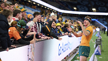 Darby Lancaster sings the Kempsey Cannonballs team song after his Wallabies debut. 