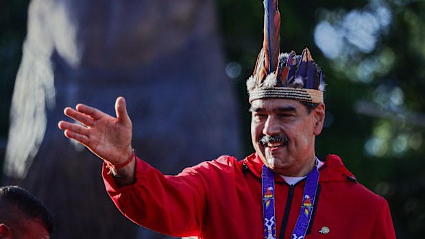 President Nicolás Maduro of Venezuela greets his supporters during a rally to commemorate Indigenous Resistance Day on October 12, 2025 in Caracas, Venezuela. 