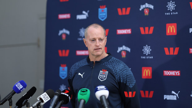 NSW Blues coach Michael Maguire speaks to the media during a New South Wales Blues State of Origin Media Session at Pullman at Sydney Olympic Park on June 04, 2024 in Sydney, Australia. (Photo by Mark Metcalfe/Getty Images)