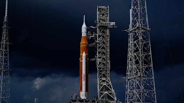 The NASA moon rocket stands on Pad 39B before the Artemis 1 mission to orbit the moon at the Kennedy Space Center, Friday, Sept. 2, 2022, in Cape Canaveral, Fla. (AP Photo/Brynn Anderson)