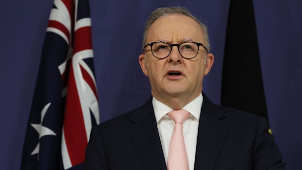 Prime Minister, Anthony Albanese with the Minister for Home Affairs, Tony Burke, and the Attorney-General, Michelle Rowland speak to the media.. Sydney. Wednesday 30th April 2026. Photo: Louise Kennerley