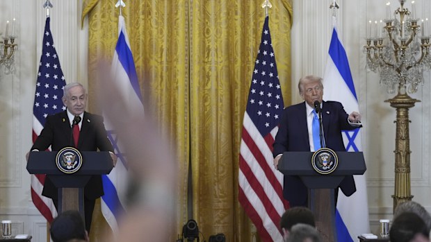 President Donald Trump and Israeli Prime Minister Benjamin Netanyahu take questions during a news conference in the East Room of the White House, Tuesday, Feb. 4, 2025, in Washington.