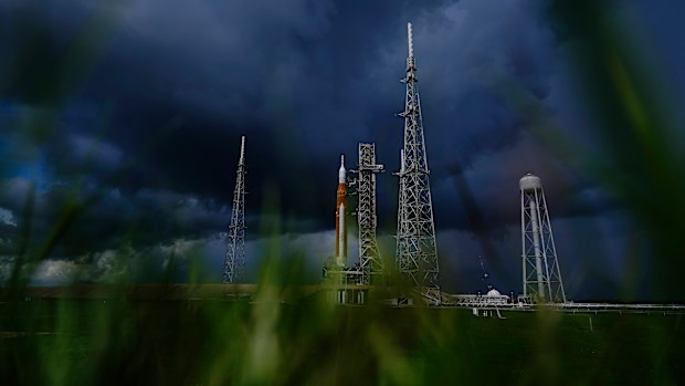 The NASA moon rocket stands on Pad 39B before the Artemis 1 mission to orbit the moon at the Kennedy Space Center, Friday, Sept. 2, 2022, in Cape Canaveral, Fla. (AP Photo/Brynn Anderson)