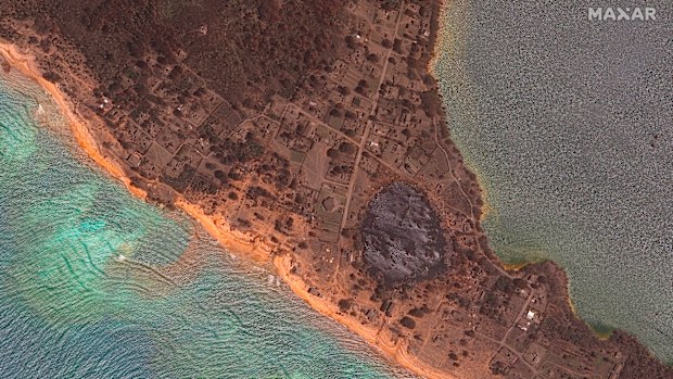 This satellite image provided by Maxar Technologies shows an overview of the damage on Nomuka in the Tonga island group on January 20 after the natural disaster. 