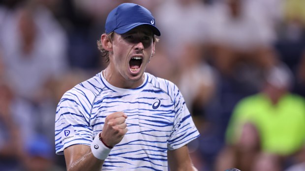 Alex de Minaur of Australia reacts after a point against Daniel Evans of Great Britain.