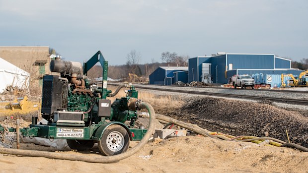 Equipment at the derailment site in East Palestine, OH on Monday, 20, 2023.Cleanup continues in the small town of East Palestine in northeastern Ohio, the site of a train derailment that occurred on February 4, 2023.