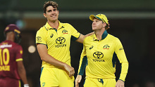 SYDNEY, AUSTRALIA - FEBRUARY 04: Sean Abbott of Australia celebrates with team mates after taking the wicket of Keacy Carty of the West Indies during game two of the Men's One Day International series between Australia and West Indies at Sydney Cricket Ground on February 04, 2024 in Sydney, Australia. (Photo by Matt King/Getty Images)
