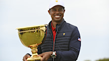 US Team Captain Tiger Woods holds the Presidents Cup trophy during the final round singles matches at the Presidents Cup at The Royal Melbourne Golf Club on December 15, 2019, in Victoria , Australia. (Photo by Ben Jared/PGA TOUR via Getty Images)