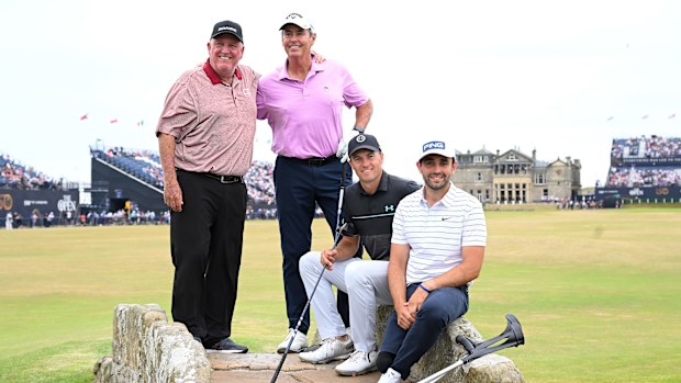 Ian Baker-Finch, Jordan Spieth, Juan Postigo Arce and Mark Calcavecchia pose for a photo on the 18th during the Celebration of Champions Challenge during a practice round prior to The 150th Open at St Andrews Old Course on July 11, 2022 in St Andrews, Scotland. (Photo by Ross Kinnaird/Getty Images)