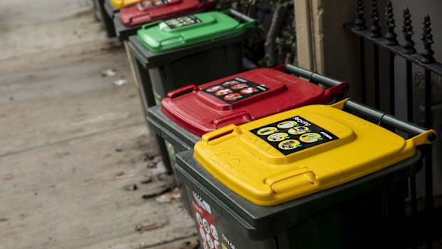 Generic. Garbage Recycling green waste bin bins in the City of Sydney Council area on February 13, 2020. 