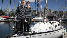 Two handed crew Kathy Veel, 70 Owner/co-skipper, and Bridget Canham, 62 on their 50 year old boat Currawong before the Sydney to Hobart in 2022.