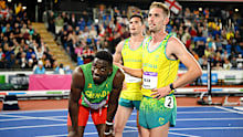 Lindon Victor, Daniel Golubovic and Cedric Dubler await the final results of the men's decathlon. 