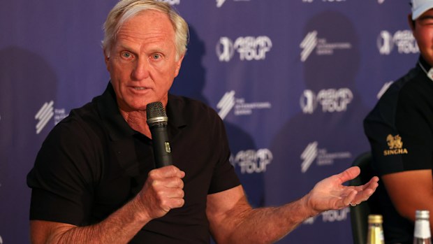 Greg Norman, CEO of Liv Golf Investments and Kim Joo-hyung of South Korea during a press conference.