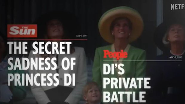Headlines that ran about Princess Diana are also shown in the documentary trailer.