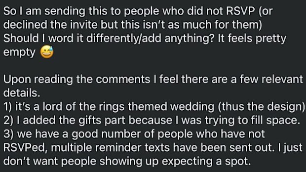 wedding shaming people not attending can still send gifts