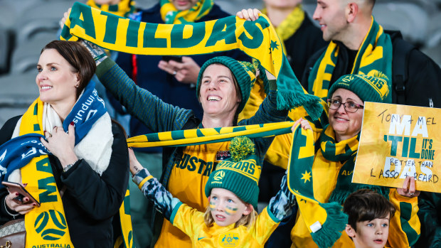Matildas fans of all ages cheers on their team during the World Cup 2023 send off friendly match against France.