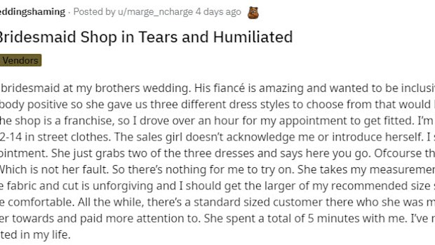 The bridesmaid has described the painful experience on Reddit.
