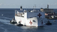200327-M-VO343-1085  LOS ANGELES (March 27, 2020) The Military Sealift Command hospital ship USNS Mercy (T-AH 19) arrives in Los Angeles, Calif., March 27, 2020. Mercy deployed in support of the nations COVID-19 response efforts, and will serve as a referral hospital for non-COVID-19 patients currently admitted to shore-based hospitals. This allows shore base hospitals to focus their efforts on COVID-19 cases. One of the Department of Defenses missions is Defense Support of Civil Authorities. DO
