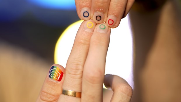 Pride-themed nails on display at the opening of Pride House in Paris.