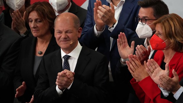 Olaf Scholz addressed his supporters after German parliament election at the Social Democratic Party, SPD, headquarters in Berlin on Sunday. 